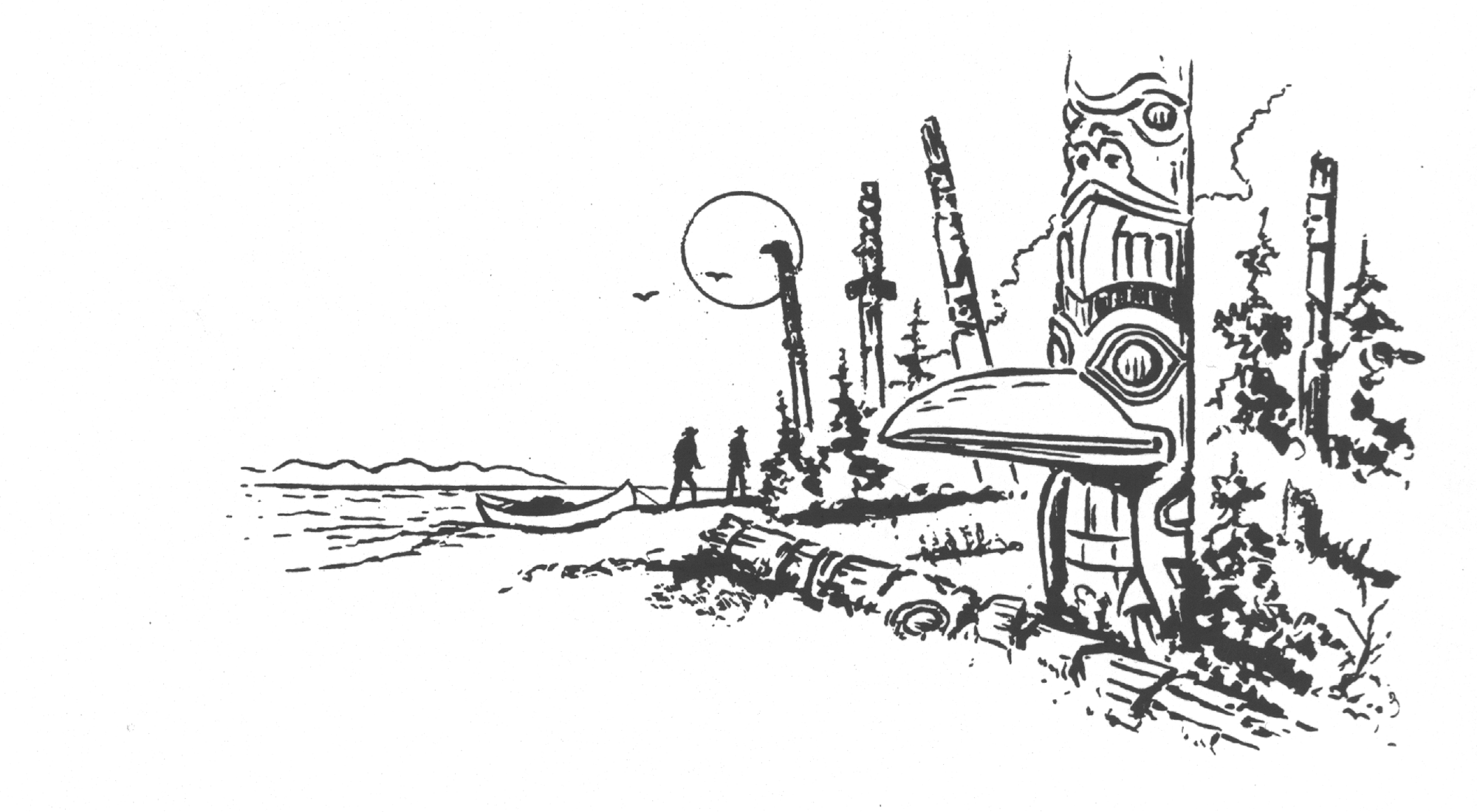 Tegning Kano og mænd med totemplæn