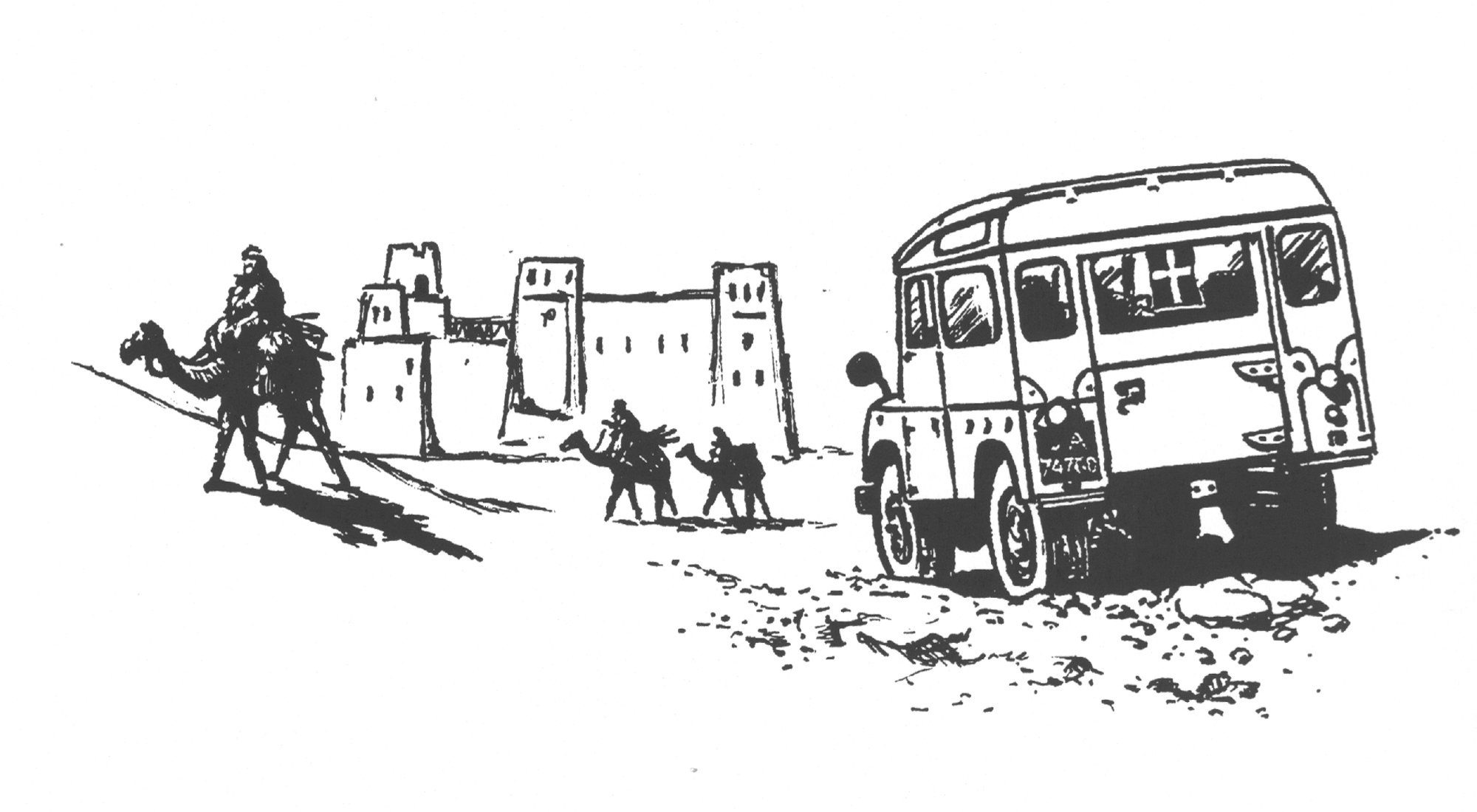 Tegning Landrover i ørken, nær by