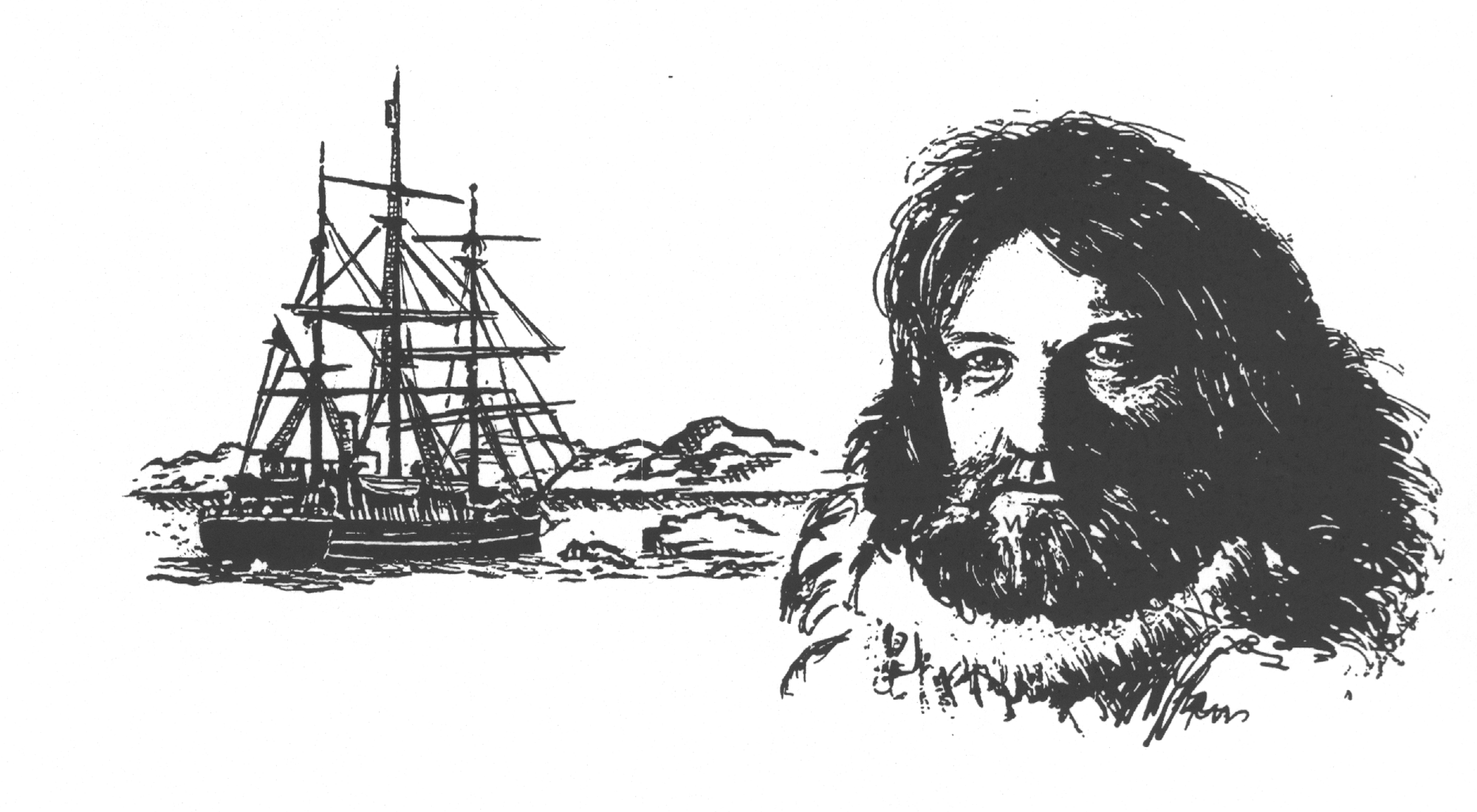 Tegning Peter Freuchen foran skib